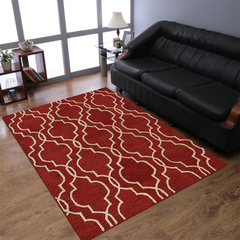 Hand Tufted Wool Area Rug Geometric Red Beige K09014