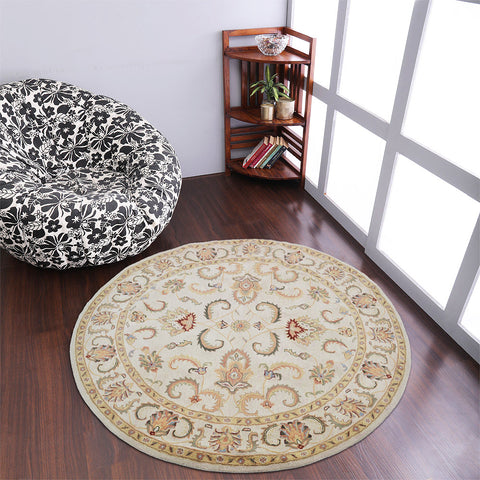 Hand Tufted Wool Round Area Rug Oriental Beige Ivory K0BG09
