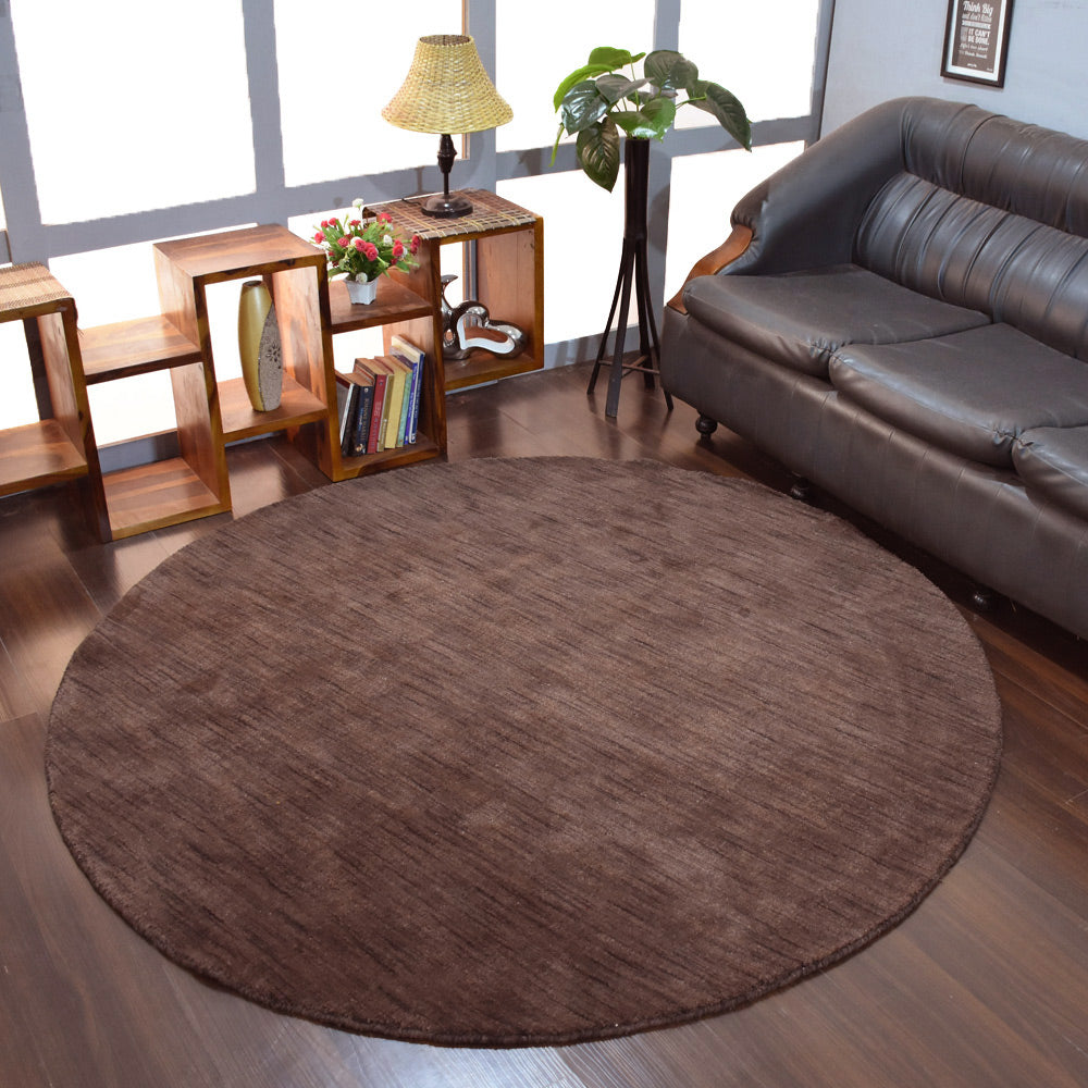 Hand Knotted Loom Wool Round Area Rug Solid Brown L00111