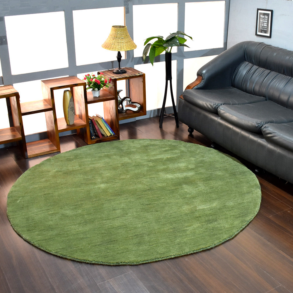Hand Knotted Loom Wool Round Area Rug Solid Green L00111