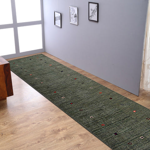Hand Knotted Loom Wool Runner Area Rug Contemporary Green L0B102
