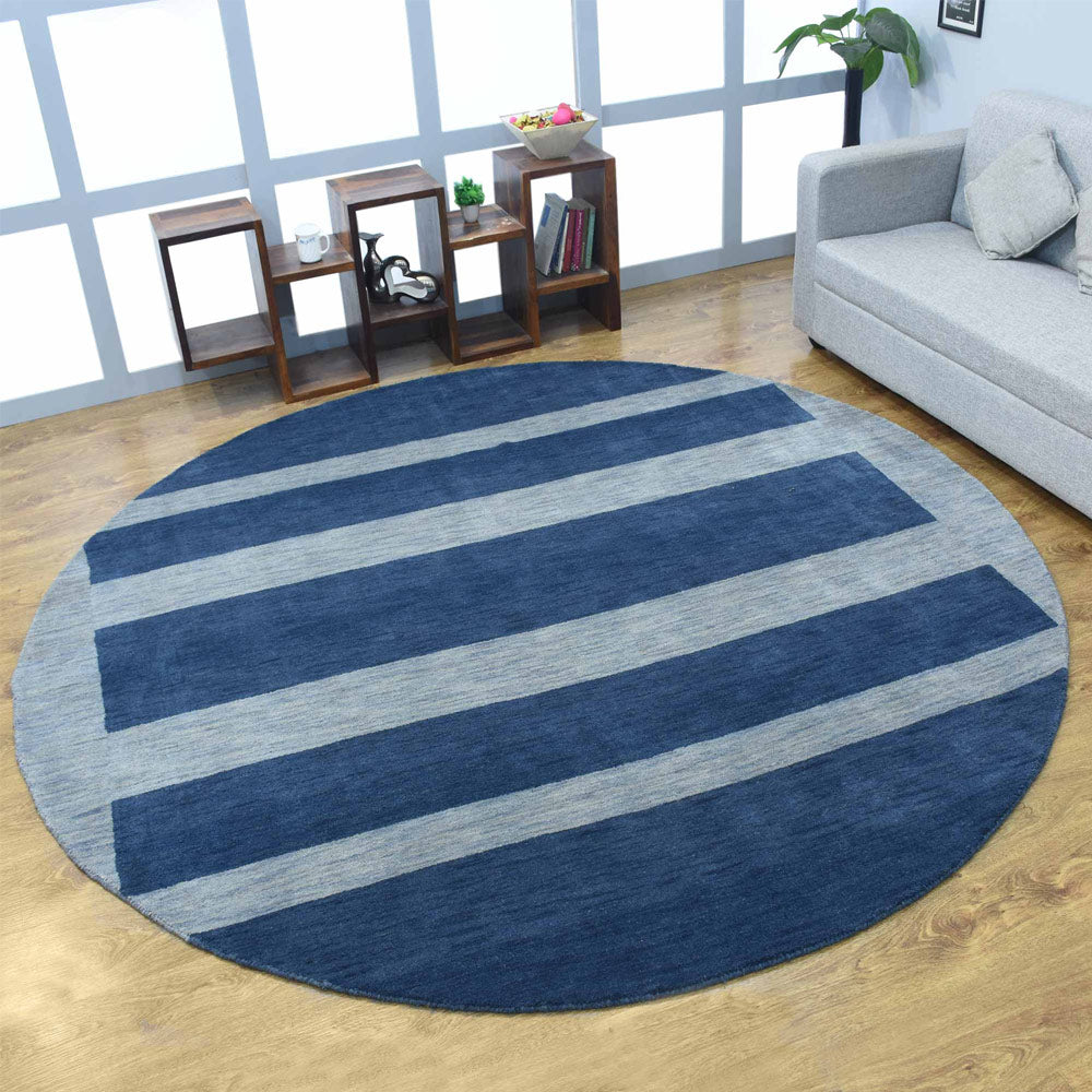 Hand Knotted Loom Wool Round Area Rug Contemporary Blue Light Blue L0B904