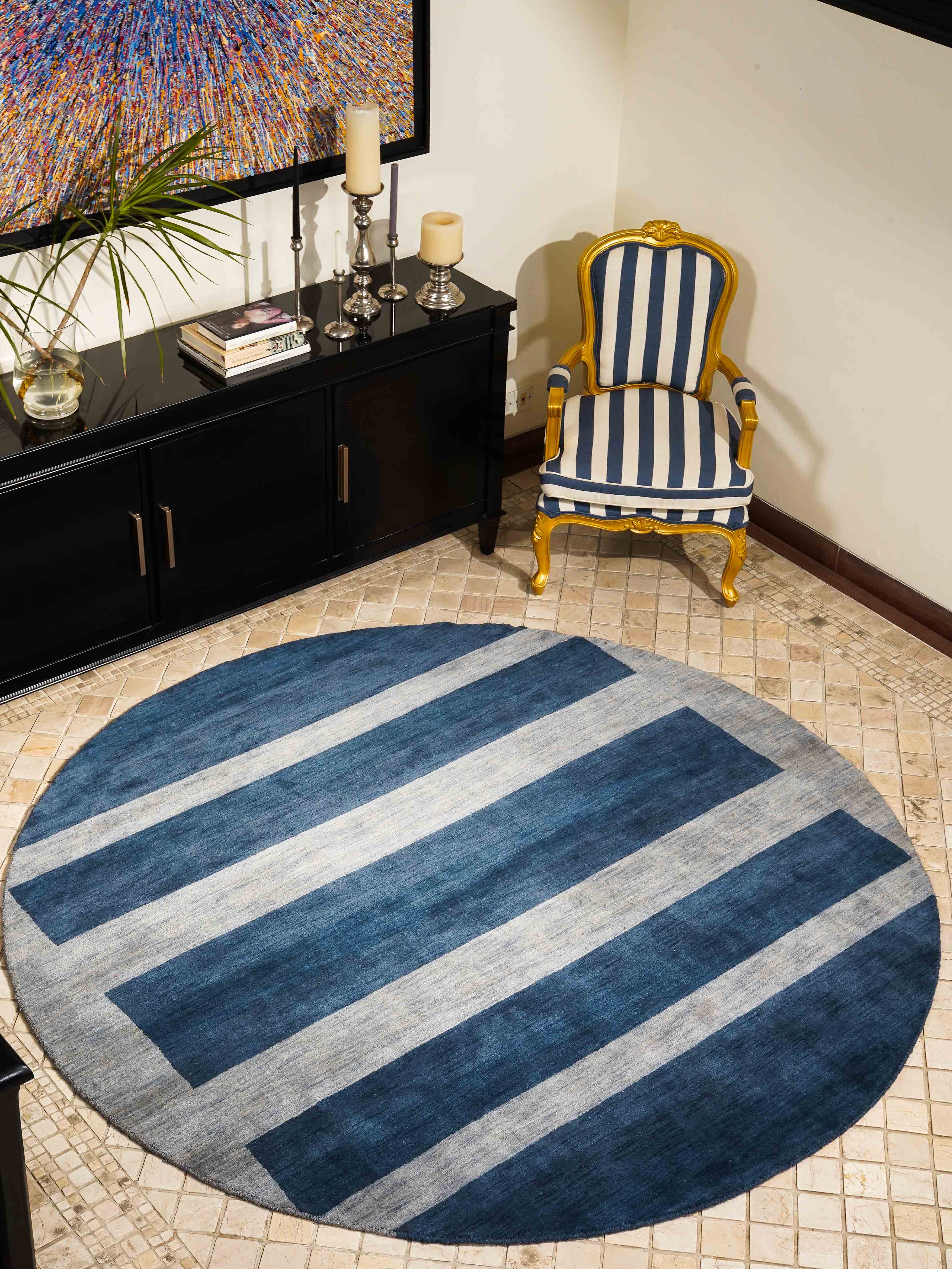 Hand Knotted Loom Wool Round Area Rug Contemporary Blue Light Blue L0B904