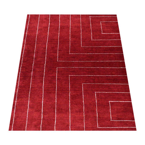 Hand Knotted Loom Silk Mix Area Rug Geometric Red Beige LSM1222