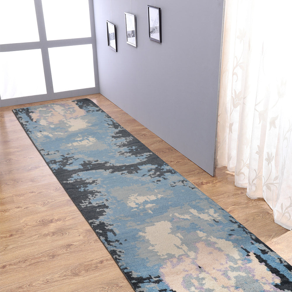Hand Knotted Wool Runner Area Rug Abstract Multicolor N00804
