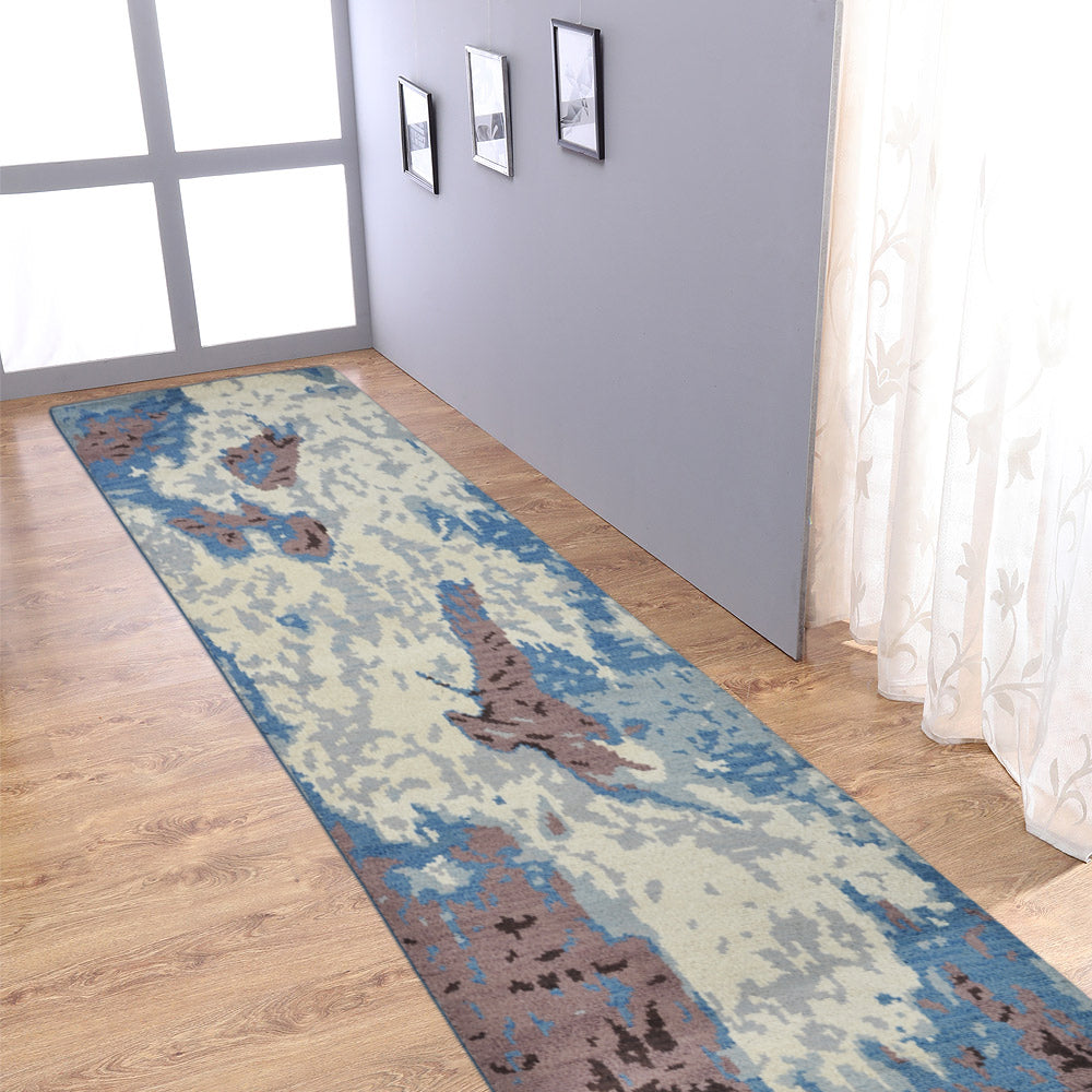 Hand Knotted Wool Runner Area Rug Abstract Multicolor N00816