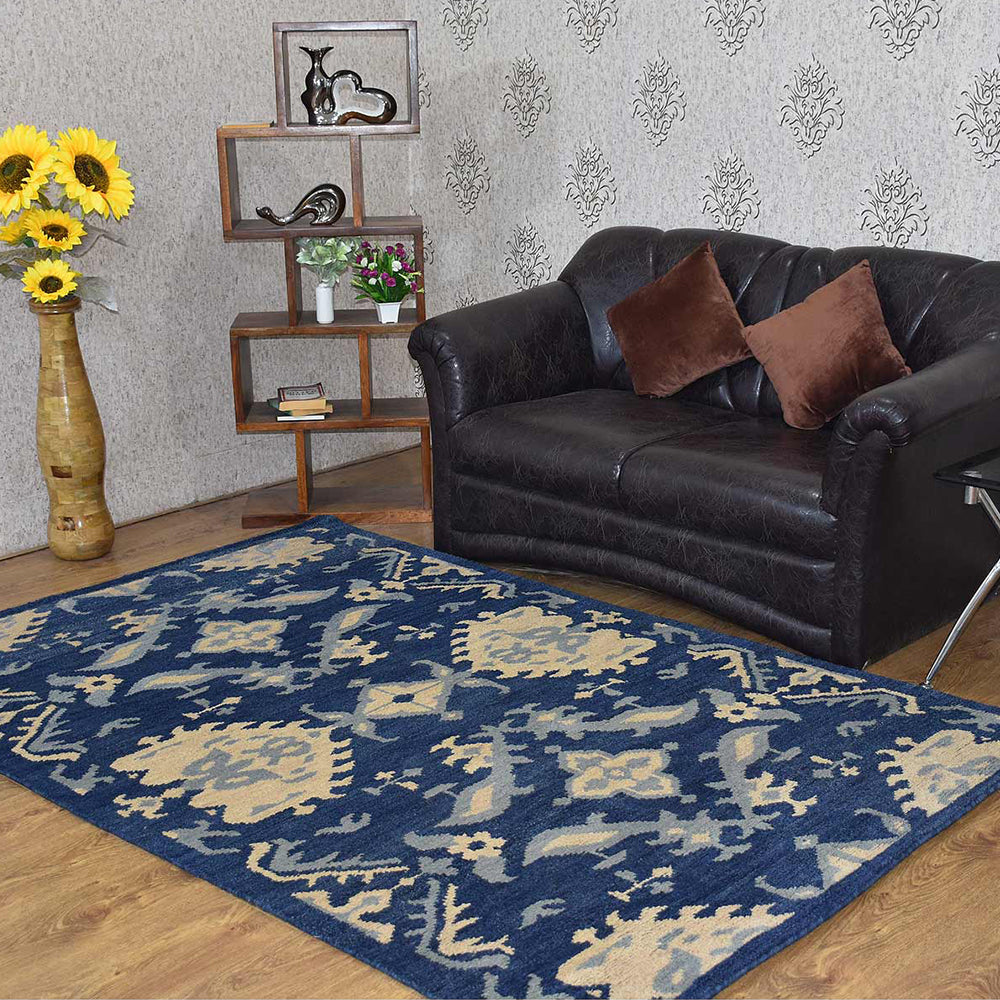 Hand Knotted Wool Area Rug Floral Blue N00908