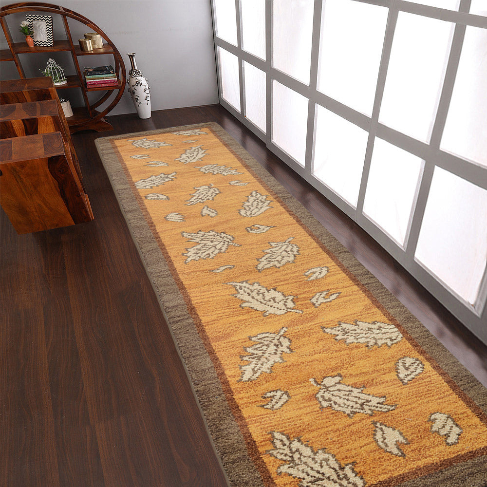 Hand Knotted Wool Runner Area Rug Floral Gold Brown N00922