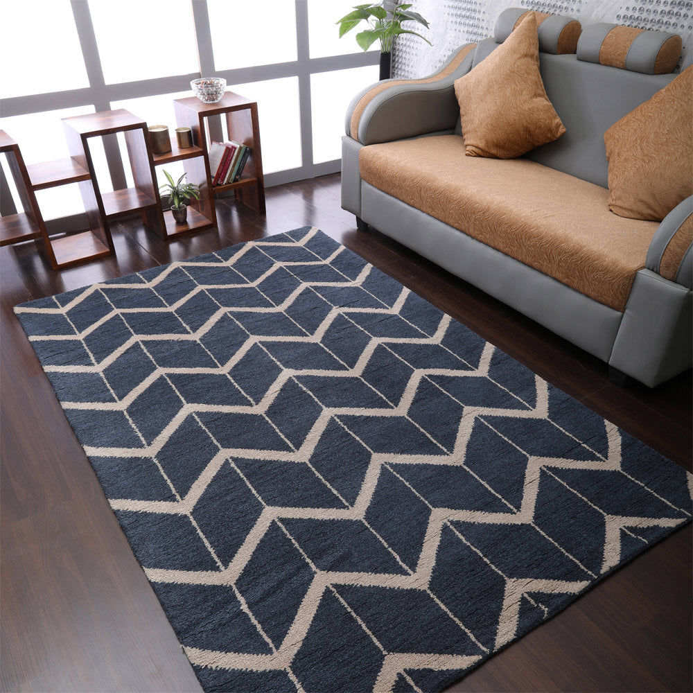 Hand Knotted Wool Area Rug Geometric Blue Beige N01052