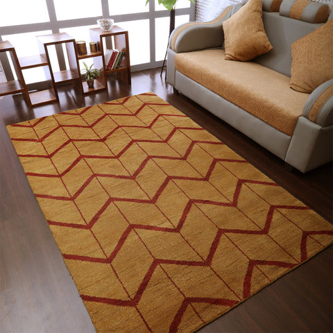 Hand Knotted Wool Area Rug Geometric Gold Red N01052