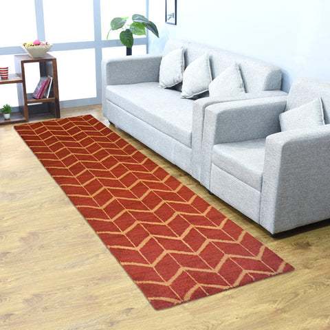 Hand Knotted Wool Runner Area Rug Geometric Red Gold N01052