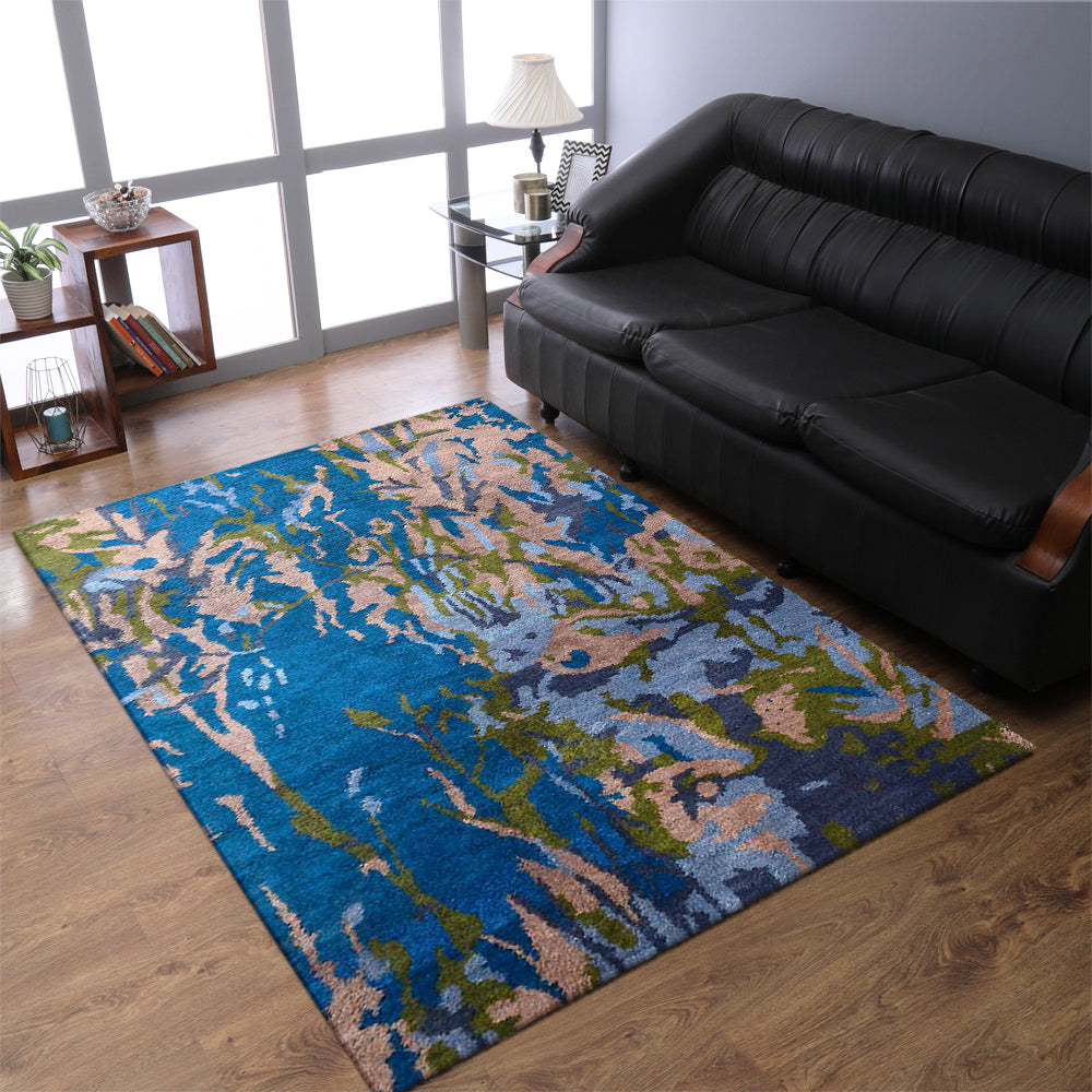 Hand Knotted Silk Rectangle Area Rugs Abstract Blue NS0817