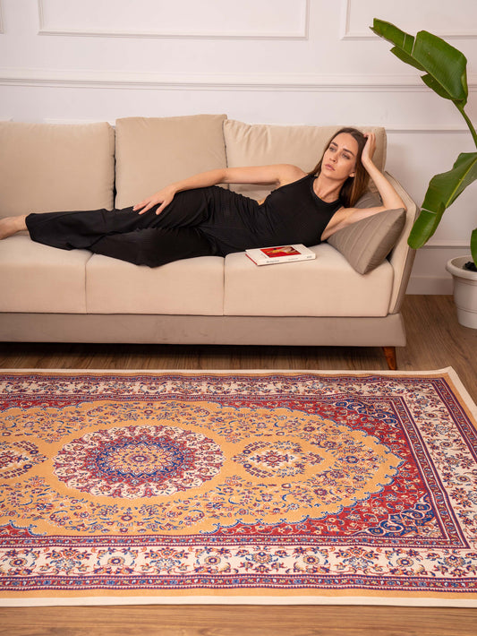 Hand Woven Printed Cotton & Polyester Area Rug Oriental Multicolor