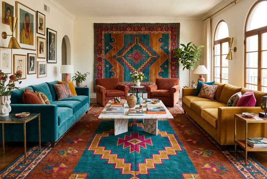 Colorful rug in a styled room