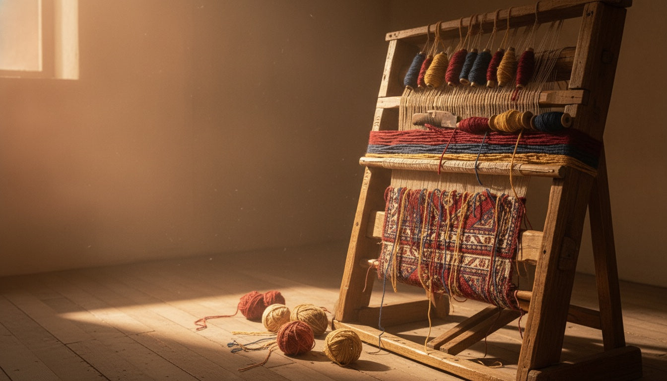 Hand-spun wool threads on a traditional loom