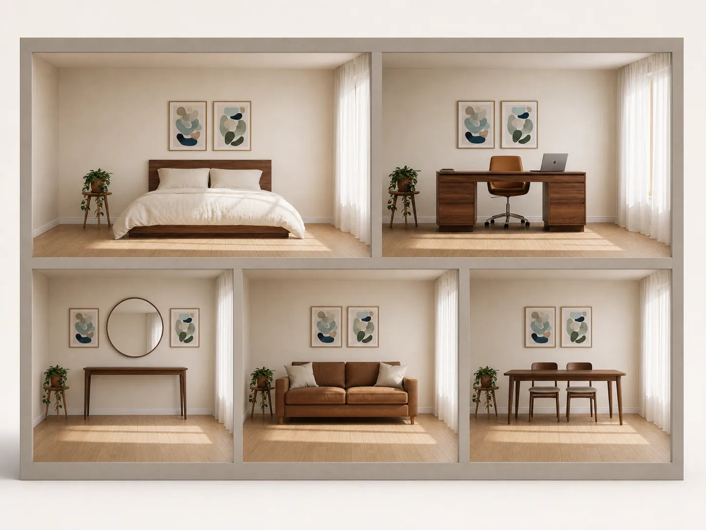 A cutaway of a home showing five rooms — bedroom, home office, entryway, living room and dining room