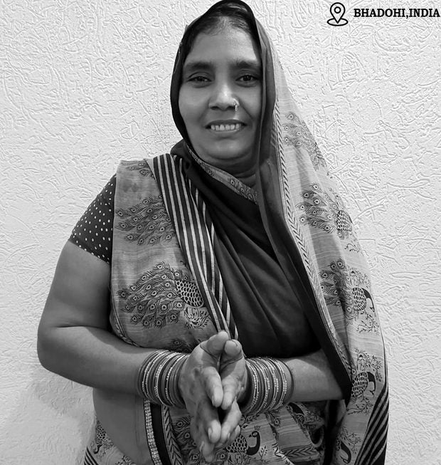 Mala, shaggy rug weaver in Bhadohi, India