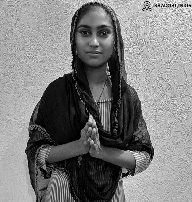 Rajkumari, shaggy rug weaver in Bhadohi, India