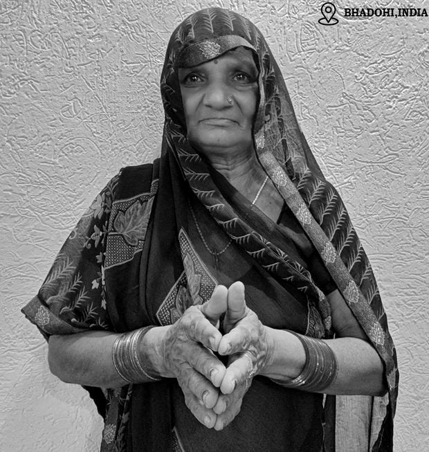 Moni Patel, shaggy rug weaver in Bhadohi, India