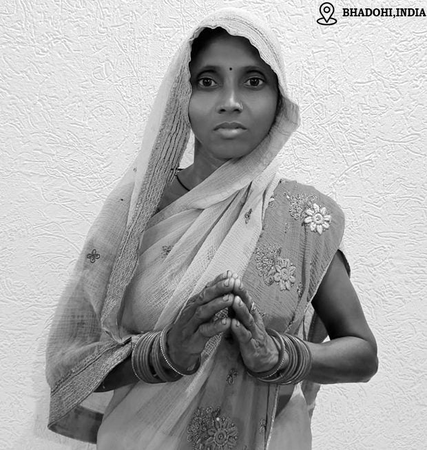 Vimla Saroj, hand-tufted rug weaver in Bhadohi, India