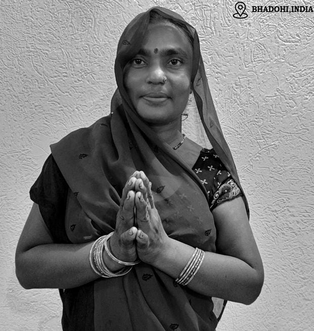 Vimla Chauhan, hand-tufted rug weaver in Bhadohi, India