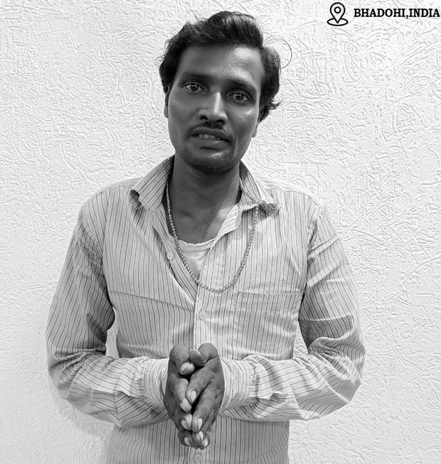 Vijay Ray, hand-tufted rug weaver in Bhadohi, India